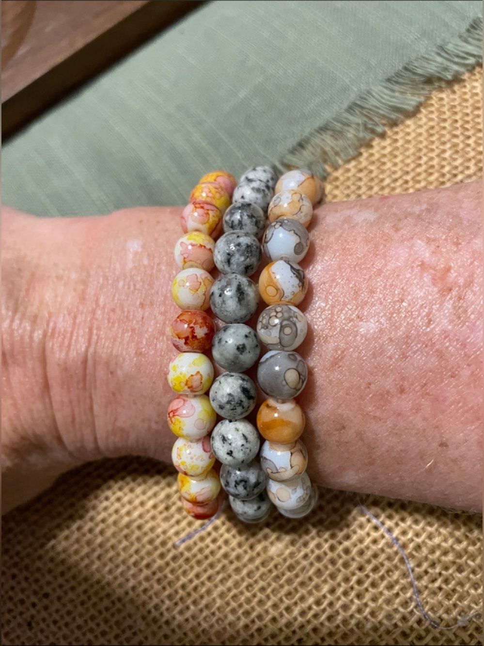 3 Piece Set, Glass Beaded Stretch Bracelets - Brown, Orange & White.